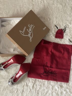 Christian Louboutin Silver & Red Patent Pumps